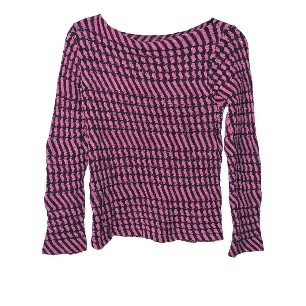 Vibrant Pink‎ & Black Chevron Textured Knit Top / Boatneck Long Sleeve Sweater